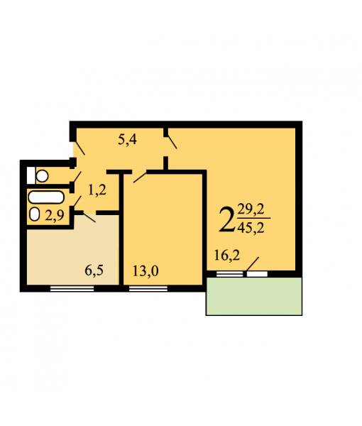 2-к квартира, 44.9 м2